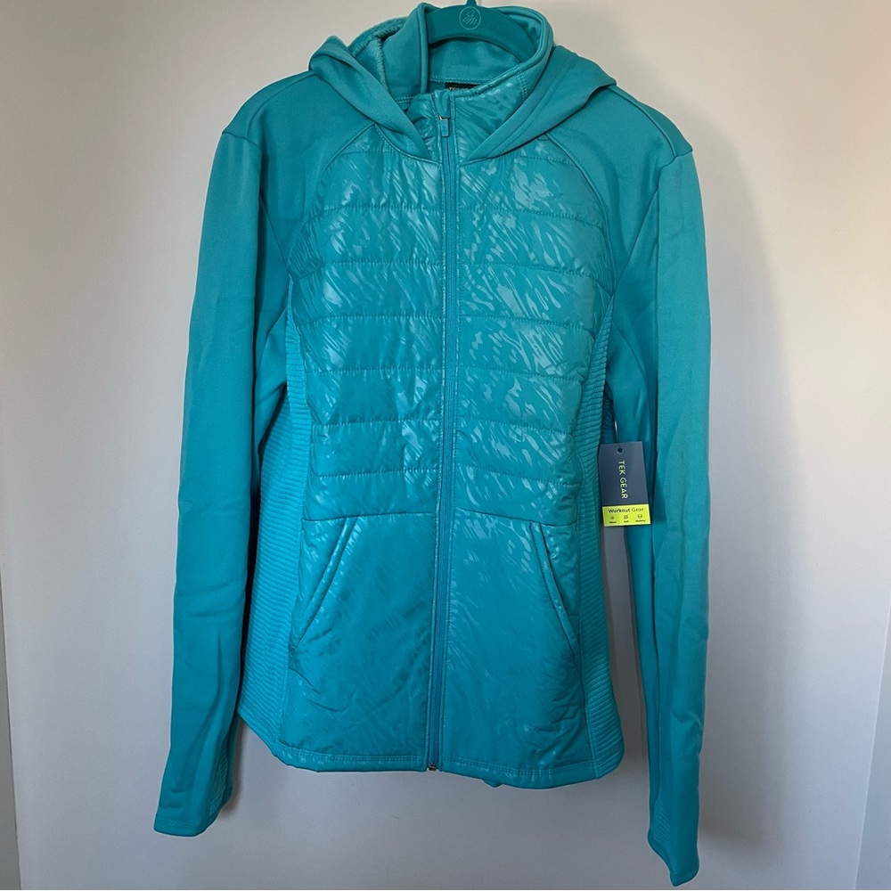 NWT Tek Gear Turquoise Women's Puffer Mixed-Media Jacket Hood *Gorgeous Color*